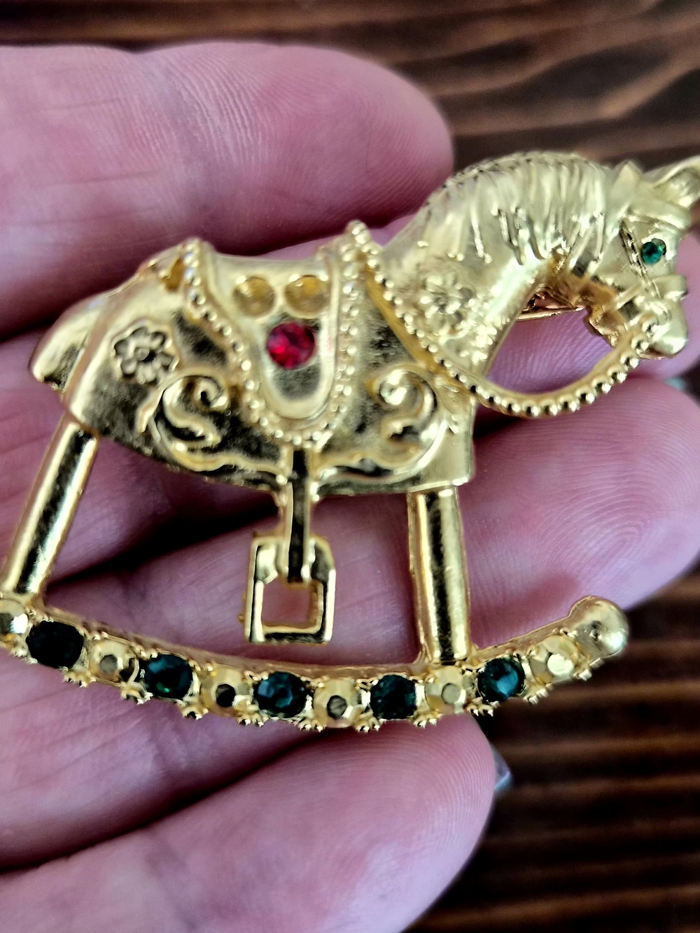 VTG Gold-Tone Rocking Horse Brooch with Green and Red Accents